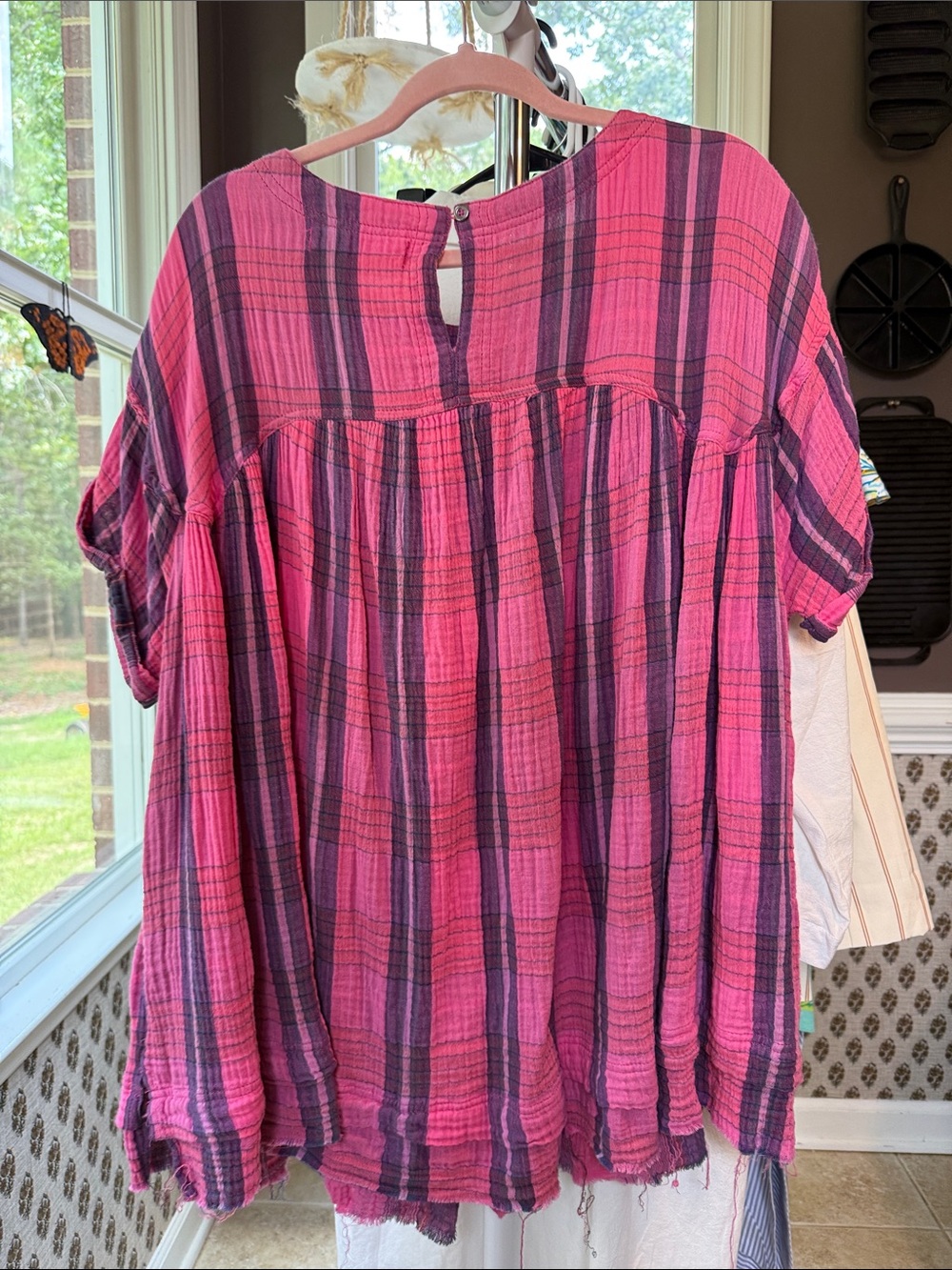 We The Free Fuchsia and Purple Plaid Short-Sleeve Tunic w/ Pockets - Picture 2 of 4